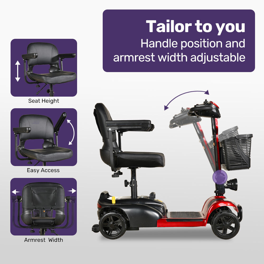 Hlpmedical EQUIPMED FreeLite+ foldable electric mobility scooter in red with lithium battery, long-range design, and easy charging features.