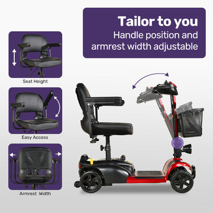 Hlpmedical EQUIPMED FreeLite+ foldable electric mobility scooter in red with lithium battery, long-range design, and easy charging features.