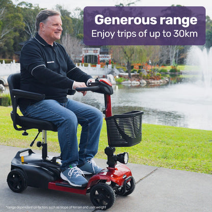 Hlpmedical EQUIPMED FreeLite+ mid-sized foldable electric mobility scooter with lithium battery, red color, long range, and easy charging.