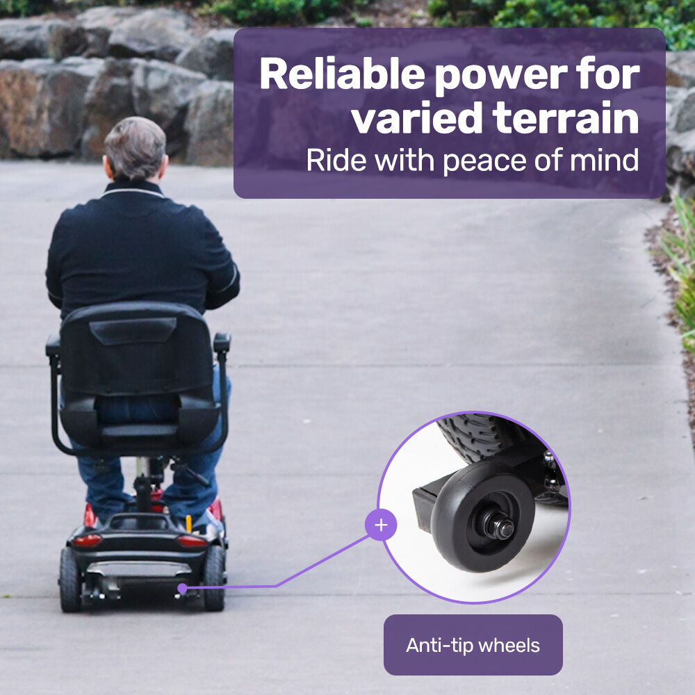 Hlpmedical EQUIPMED FreeLite+ mid-sized foldable electric mobility scooter with lithium battery, long-range, red, designed for easy charging