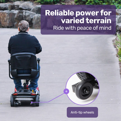 Hlpmedical EQUIPMED FreeLite+ mid-sized foldable electric mobility scooter with lithium battery, long-range, red, designed for easy charging