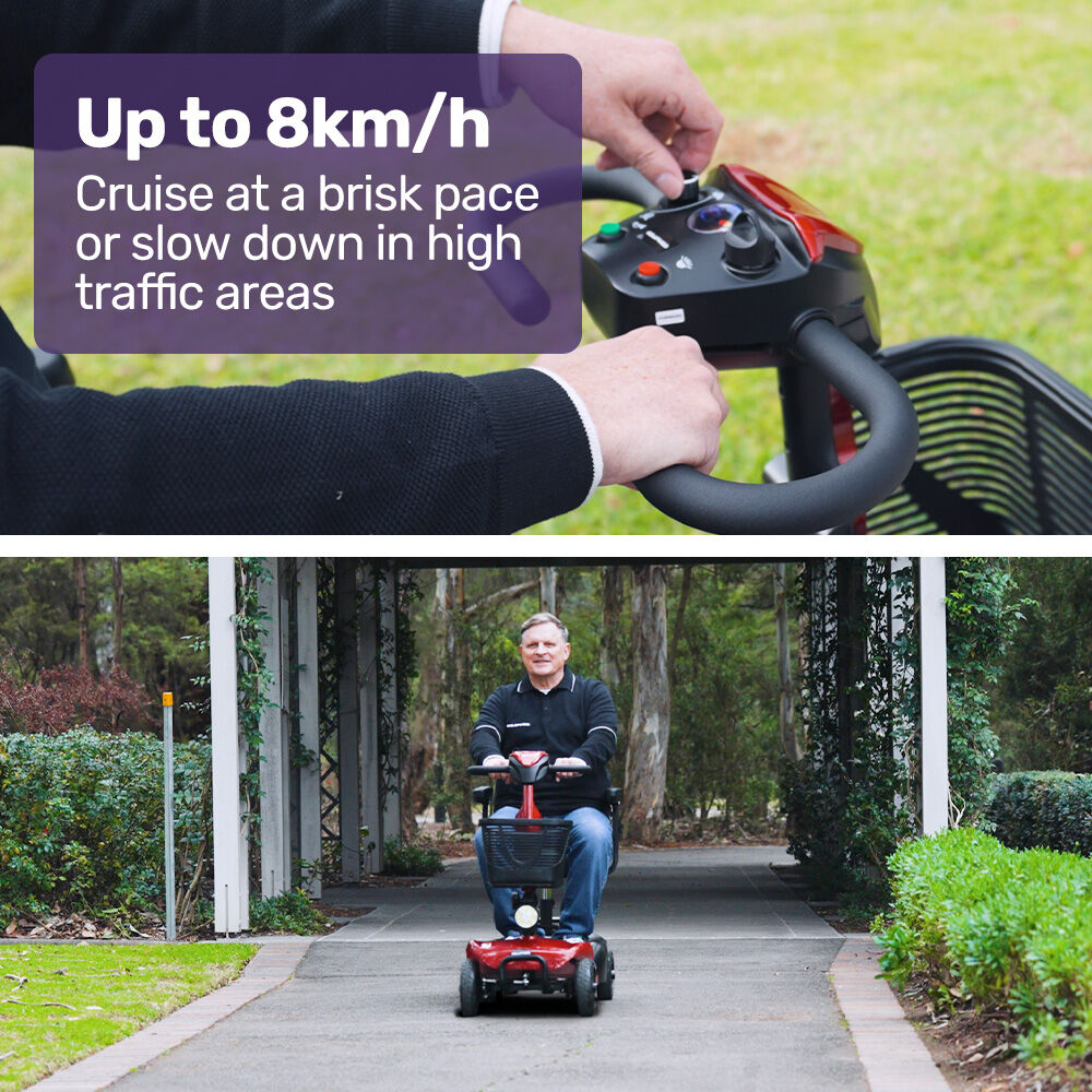 Red EQUIPMED FreeLite+ mid-sized foldable electric mobility scooter with lithium battery, long range, and easy charging by Hlpmedical.