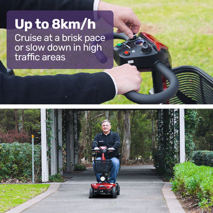 Red EQUIPMED FreeLite+ mid-sized foldable electric mobility scooter with lithium battery, long range, and easy charging by Hlpmedical.