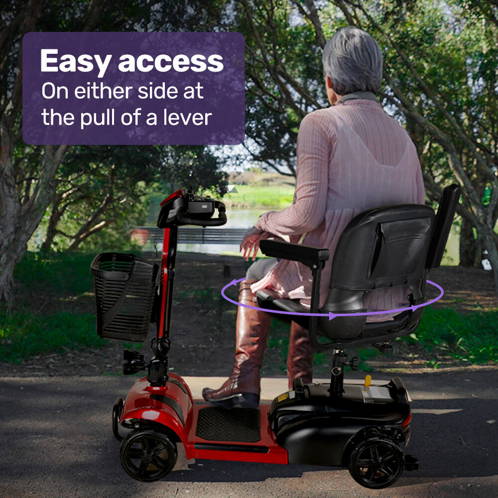 EQUIPMED FreeLite+ mid-sized foldable electric mobility scooter with lithium battery, red color, designed for long-range travel and easy charging.