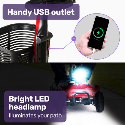 Hlpmedical EQUIPMED FreeLite+ mid-sized foldable electric mobility scooter in red with lithium battery and long-range design.