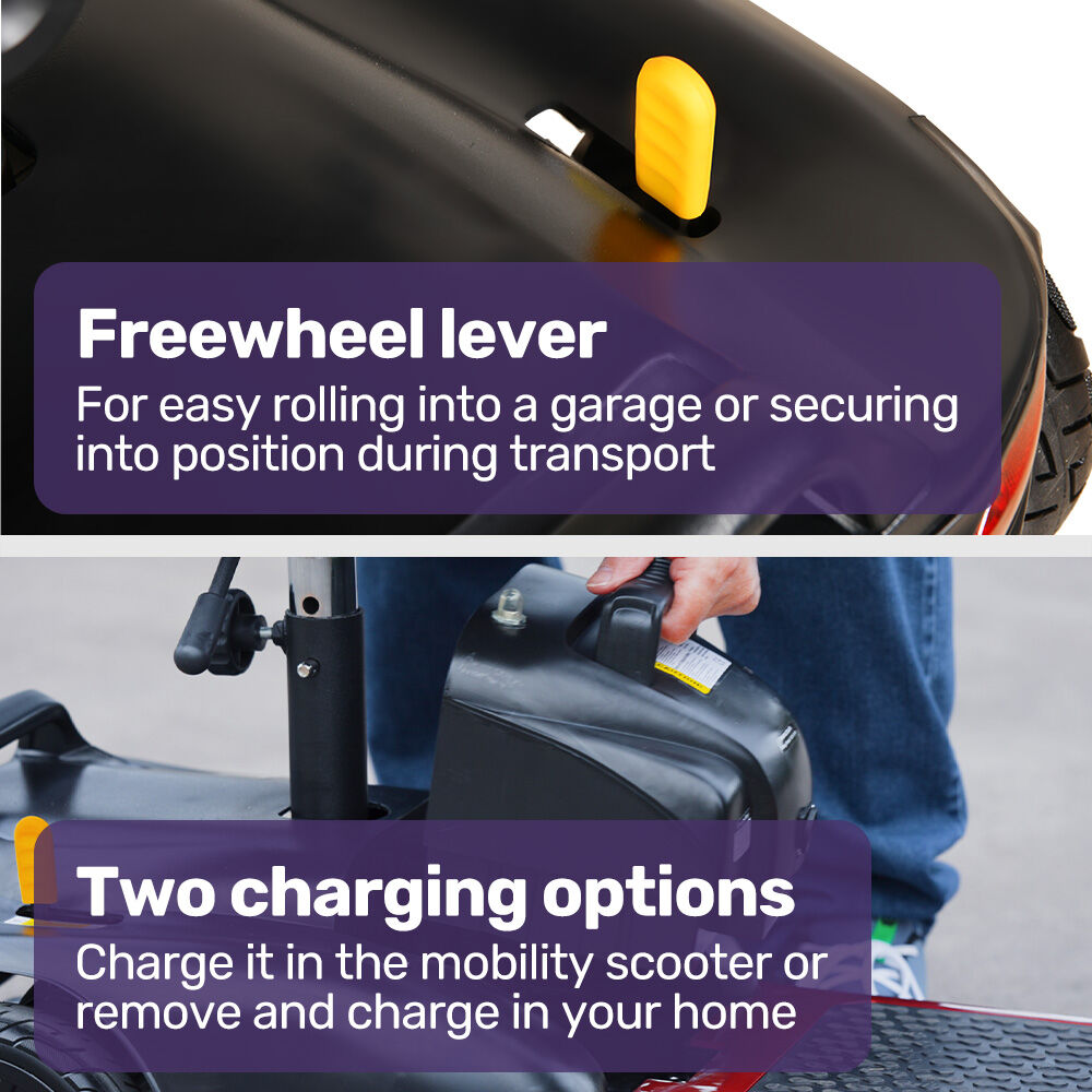 Hlpmedical EQUIPMED FreeLite+ mid-sized foldable electric mobility scooter with lithium battery, red color, long-range, and easy charging.