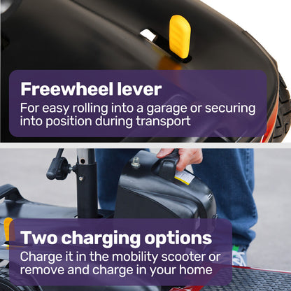 Hlpmedical EQUIPMED FreeLite+ mid-sized foldable electric mobility scooter with lithium battery, red color, long-range, and easy charging.
