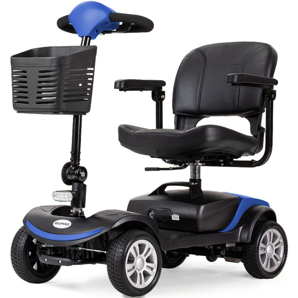 Blue EQUIPMED FreeRoam+ mid-sized lithium mobility scooter with fast charging and easy operation, designed for improved accessibility.