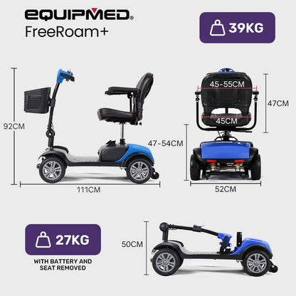 Blue EQUIPMED FreeRoam+ mid-sized lithium mobility scooter by Hlpmedical, featuring fast charging and easy maneuverability.