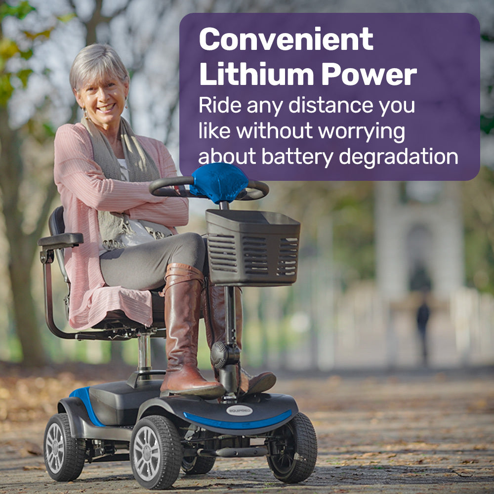 Hlpmedical EQUIPMED FreeRoam+ blue mid-sized lithium mobility scooter with fast charging and easy operation.