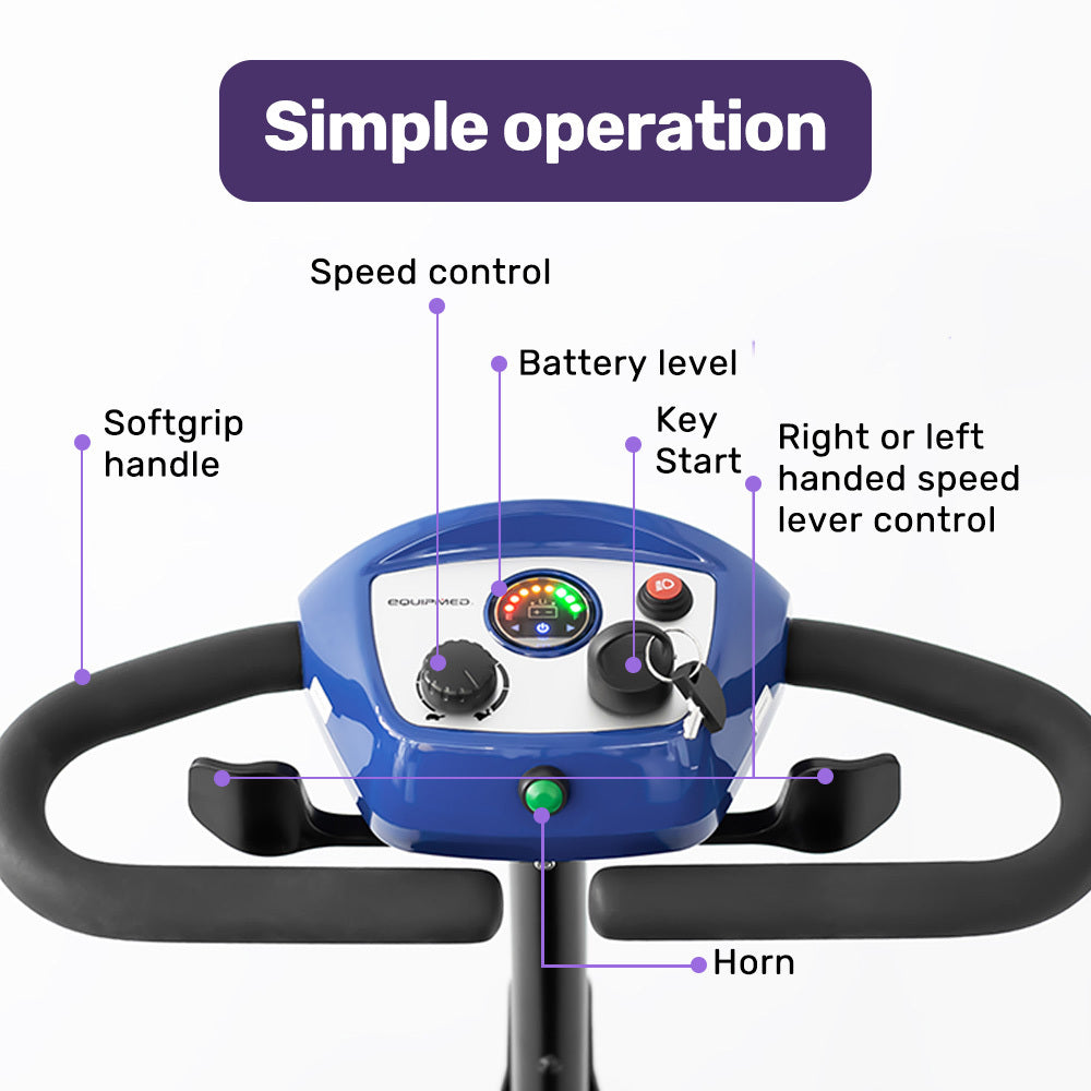 Blue EQUIPMED FreeRoam+ lithium mobility scooter with mid-sized frame and easy fast charge, designed for enhanced mobility and accessibility.