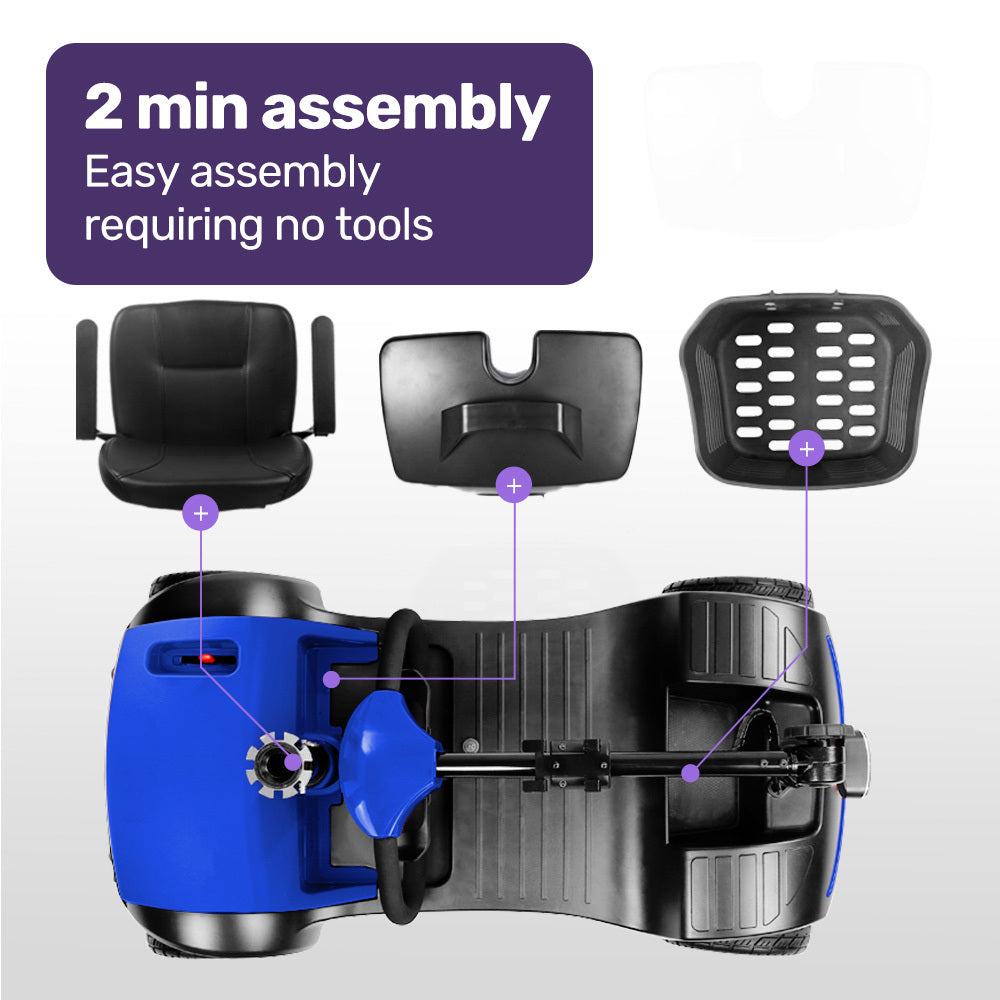 Blue EQUIPMED FreeRoam+ mid-sized lithium mobility scooter with easy charge and compact design for accessible transportation.