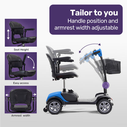 Blue EQUIPMED FreeRoam+ mid-sized lithium mobility scooter with easy charging and modern design for enhanced mobility and independence.