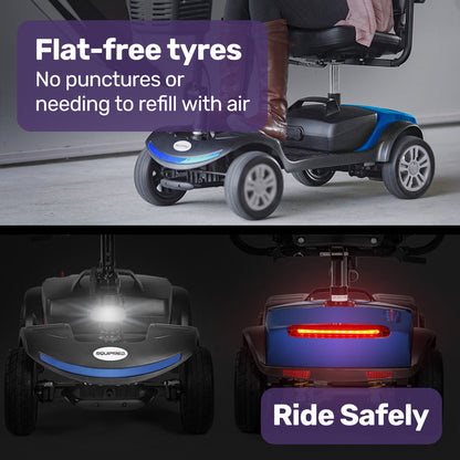 Hlpmedical EQUIPMED FreeRoam+ Blue mid-sized lithium mobility scooter with easy fast charge for enhanced mobility and independence.