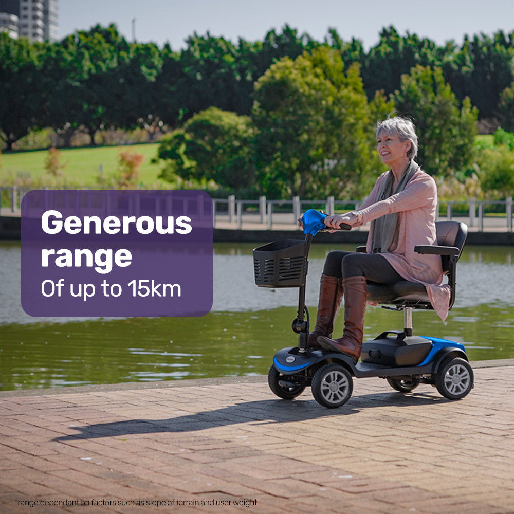 Blue EQUIPMED FreeRoam+ mid-sized lithium mobility scooter with easy charging and modern design for enhanced mobility and accessibility.