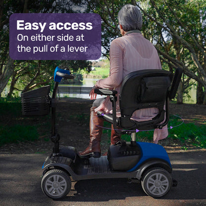 Blue EQUIPMED FreeRoam+ lithium mobility scooter with mid-sized design and fast, easy-charge battery for enhanced mobility and independence.