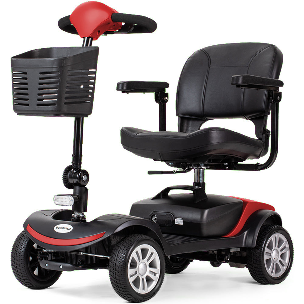 Red EQUIPMED FreeRoam+ mid-sized lithium mobility scooter with fast charge, designed for easy transportation and accessibility.