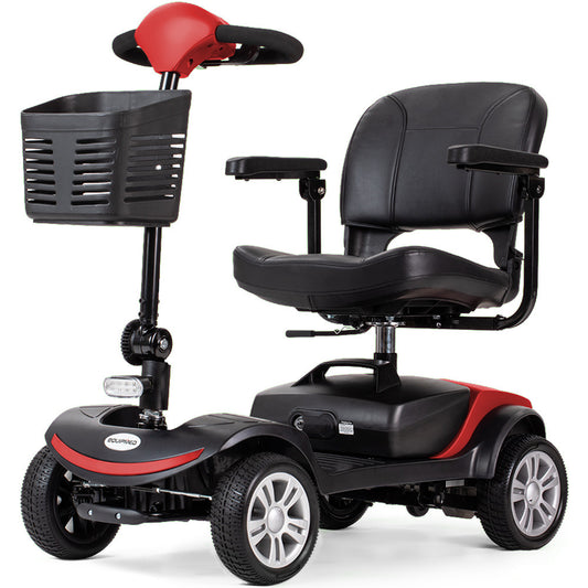 Red EQUIPMED FreeRoam+ mid-sized lithium mobility scooter with fast charge, designed for easy transportation and accessibility.