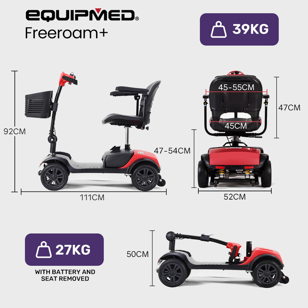 Red EQUIPMED FreeRoam+ Lithium Mobility Scooter by Hlpmedical, mid-sized with fast charging for easy, reliable mobility assistance.