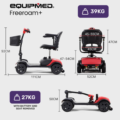 Red EQUIPMED FreeRoam+ Lithium Mobility Scooter by Hlpmedical, mid-sized with fast charging for easy, reliable mobility assistance.