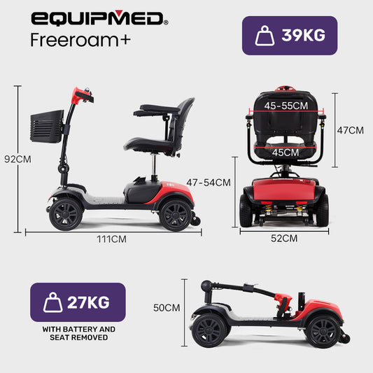 Red EQUIPMED FreeRoam+ Lithium Mobility Scooter by Hlpmedical, mid-sized with fast charging for easy, reliable mobility assistance.
