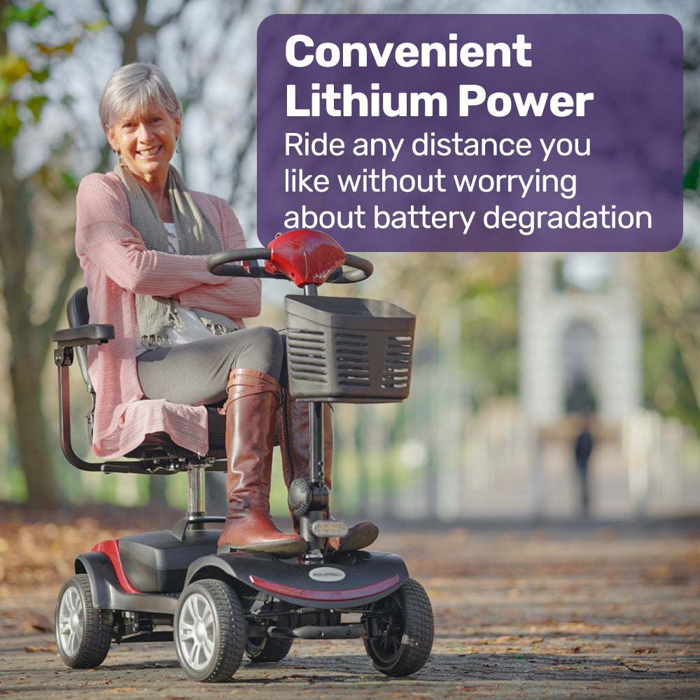Red EQUIPMED FreeRoam+ mid-sized lithium mobility scooter, designed for easy charging and smooth outdoor mobility.