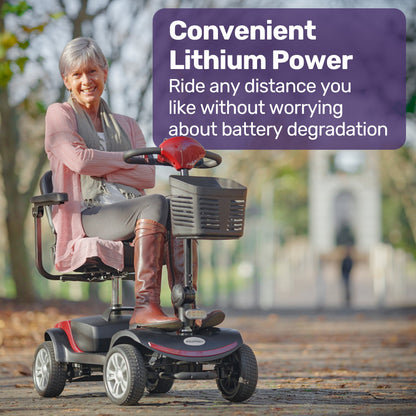 Red EQUIPMED FreeRoam+ mid-sized lithium mobility scooter, designed for easy charging and smooth outdoor mobility.