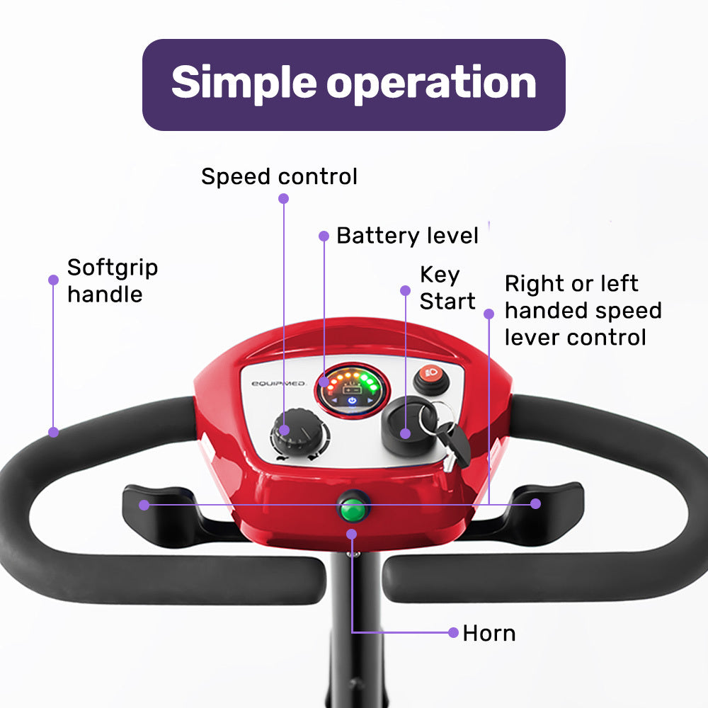 Red EQUIPMED FreeRoam+ mid-sized lithium mobility scooter with easy charging and modern design for enhanced accessibility.