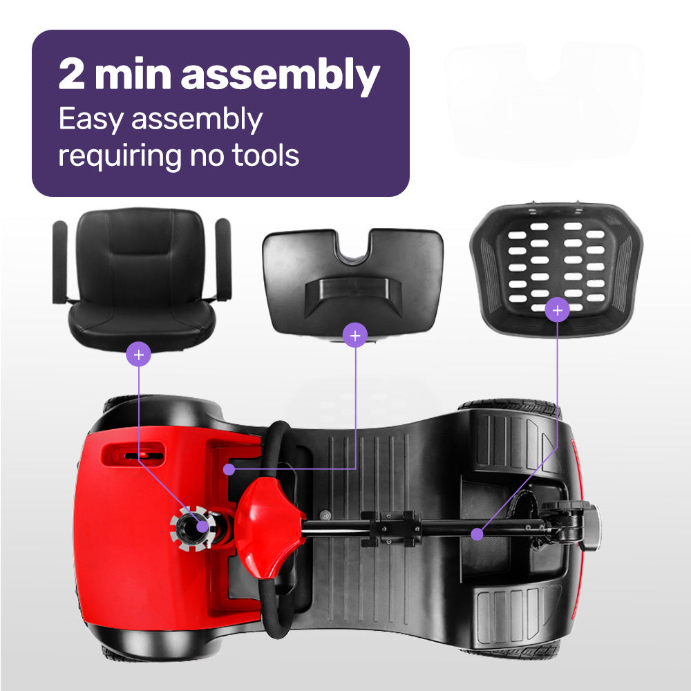 Red EQUIPMED FreeRoam+ mid-sized lithium mobility scooter from Hlpmedical with fast charging and easy-to-use features.