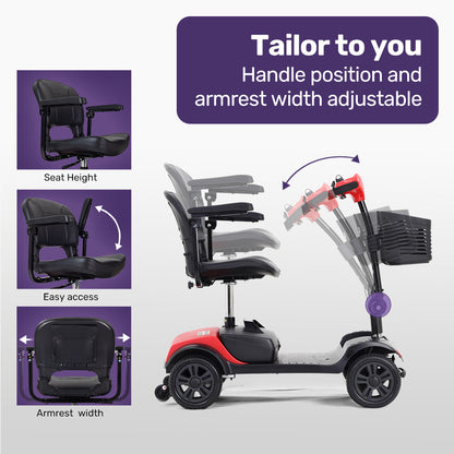 Red EQUIPMED FreeRoam+ mid-sized lithium mobility scooter by Hlpmedical, featuring fast, easy charging for enhanced mobility.