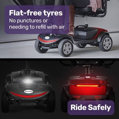 Red EQUIPMED FreeRoam+ mid-sized lithium mobility scooter with fast charging, designed for easy and reliable mobility assistance.