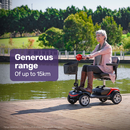 Red EQUIPMED FreeRoam+ mid-sized lithium mobility scooter with easy charging, designed for health and accessibility needs.
