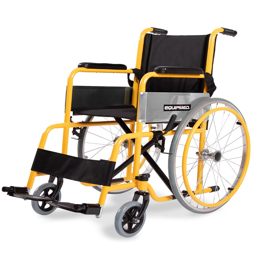 Hlpmedical Equipmed Kids Paediatric Wheelchair with yellow frame, 22-inch wheels, adjustable footrests, and quick folding design.