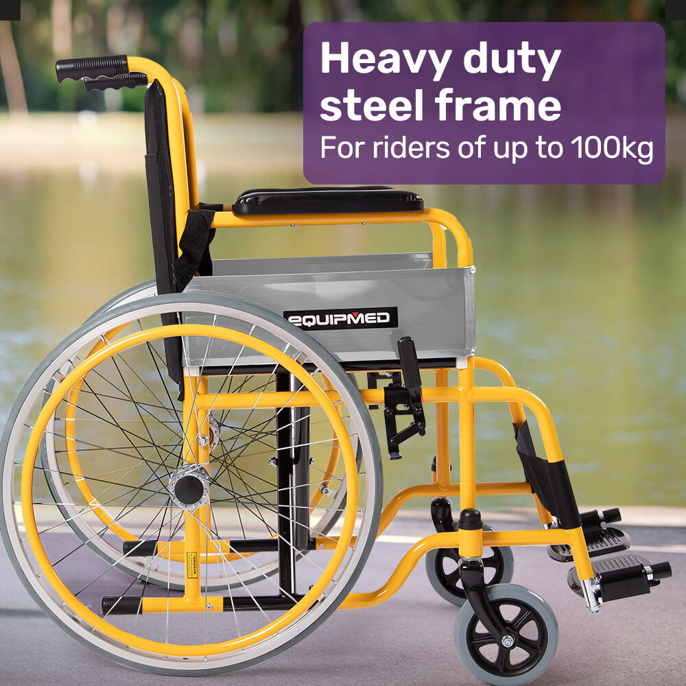 Hlpmedical Equipmed kids paediatric wheelchair with yellow frame, 22-inch wheels, adjustable footrests, quick fold, suitable for 110-140cm height.