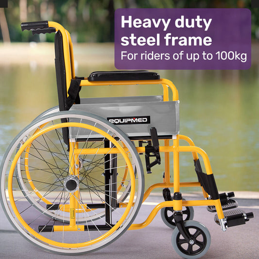 Hlpmedical Equipmed kids paediatric wheelchair with yellow frame, 22-inch wheels, adjustable footrests, quick fold, suitable for 110-140cm height.