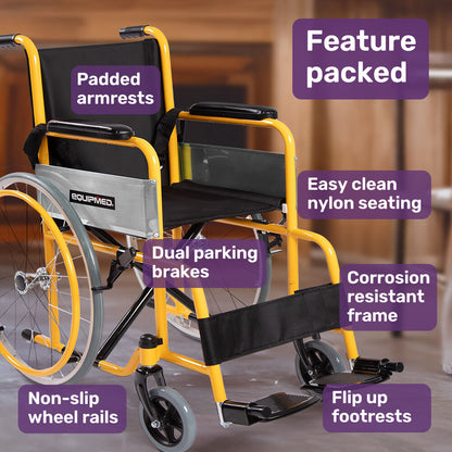 Hlpmedical Equipmed Kids Paediatric Wheelchair with yellow frame, 22-inch wheels, adjustable footrests, quick folding design.
