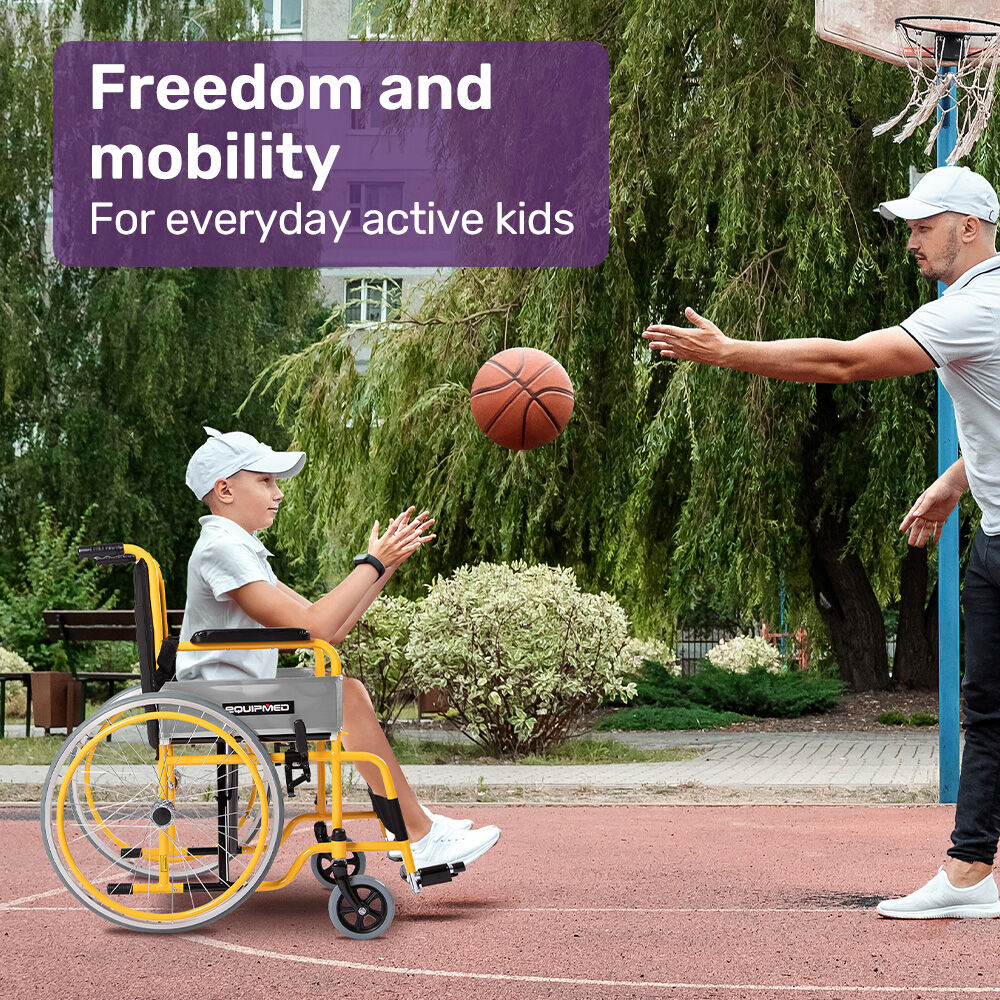 Hlpmedical EquipMed kids paediatric wheelchair with yellow frame, 22-inch wheels, adjustable footrests, quick folding, suitable for 110-140cm riders.