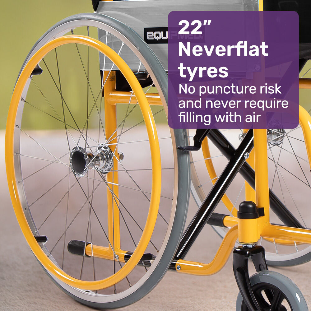 Hlpmedical Equipmed Kids Paediatric Wheelchair with yellow frame, 22-inch wheels, adjustable footrests, quick folding, suitable for ages 110-140cm.
