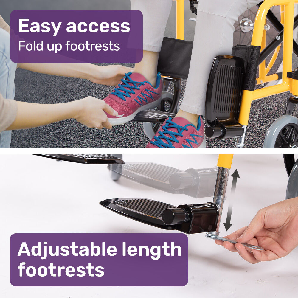 Hlpmedical Equipmed Kids Pediatric Wheelchair with yellow frame, 22-inch wheels, adjustable footrests, and quick folding design.
