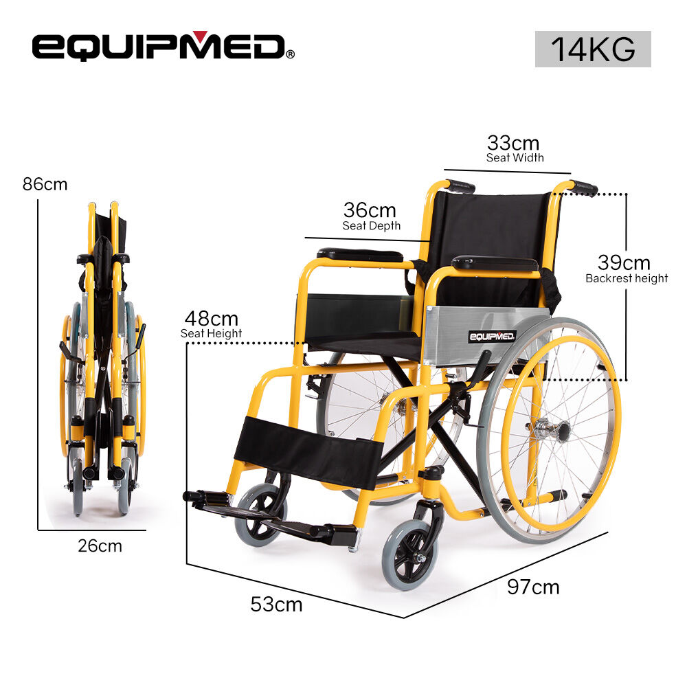 Hlpmedical Equipmed kids pediatric wheelchair with yellow frame, 22-inch wheels, adjustable footrests, and quick folding design.