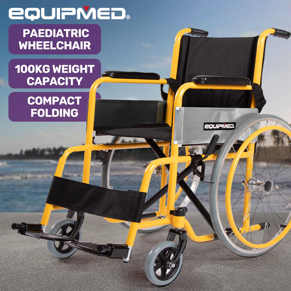 Hlpmedical Equipmed Kids Paediatric Wheelchair with yellow frame, 22-inch wheels, adjustable footrests, quick folding, suitable for 110-140cm height
