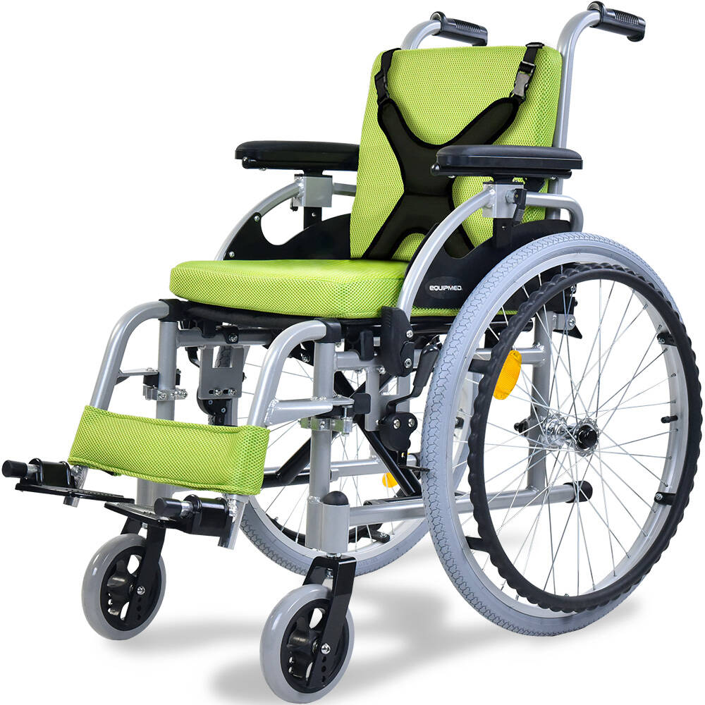 Green EQUIPMED Kids Premium Paediatric Wheelchair with lightweight aluminum frame and 22-inch wheels for children up to 75kg.