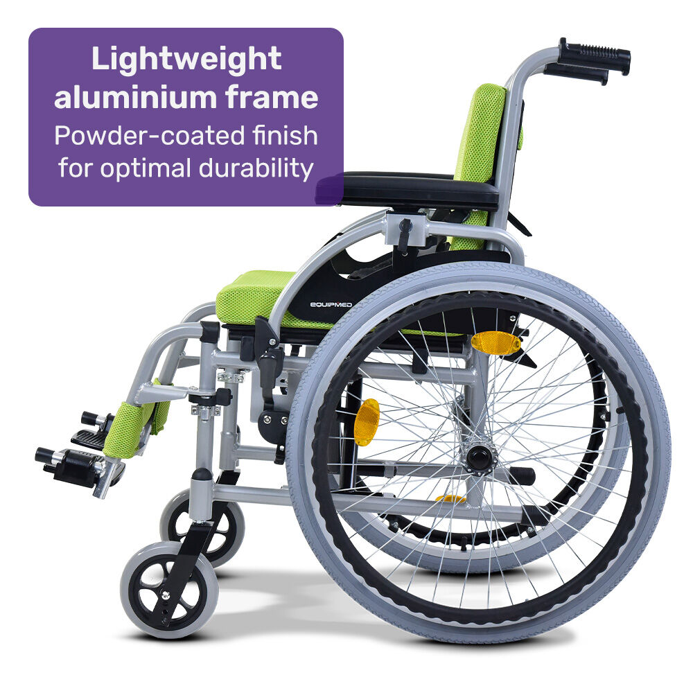Green EquipMed Kids premium paediatric wheelchair with lightweight aluminum frame and 22-inch wheels, rated for 75kg.