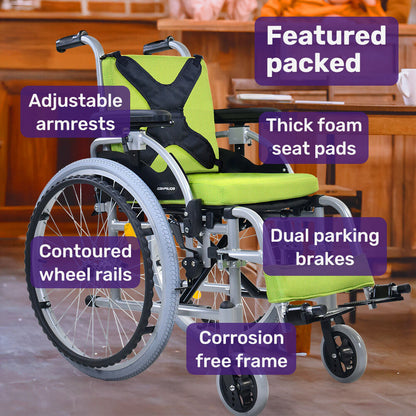 Green EQUIPMED Kids Premium Paediatric Wheelchair with lightweight aluminum frame and 22-inch wheels, rated for 75kg.