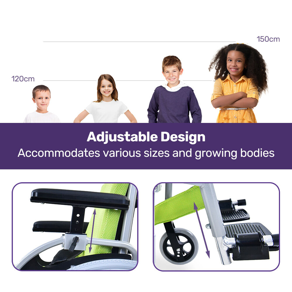 Green EQUIPMED Kids Premium Paediatric Wheelchair with lightweight aluminum frame and 22-inch wheels, rated for 75kg.
