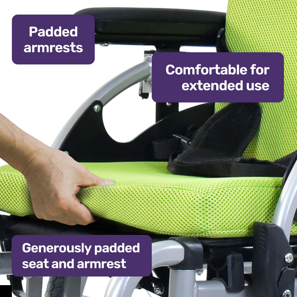 Green EQUIPMED Kids Premium Paediatric Wheelchair with lightweight aluminium frame and 22-inch wheels, rated for 75kg.
