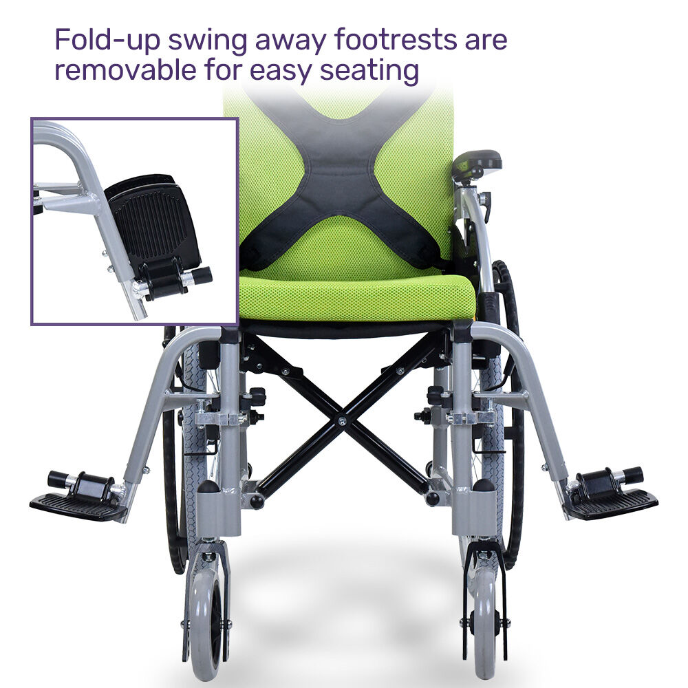 Green EQUIPMED Kids Premium Paediatric Wheelchair with lightweight aluminium frame and 22-inch wheels for children up to 75kg.
