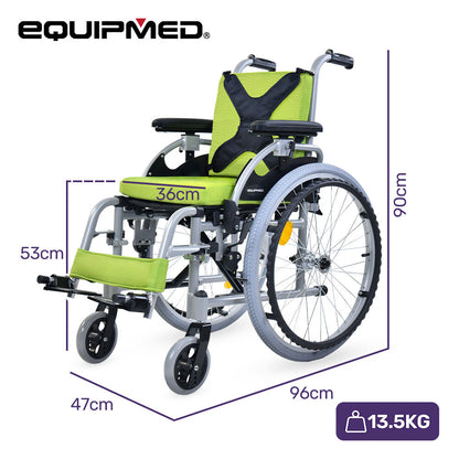 Green EQUIPMED Kids Premium Paediatric Wheelchair with lightweight aluminum frame and 22-inch wheels for children up to 75kg.