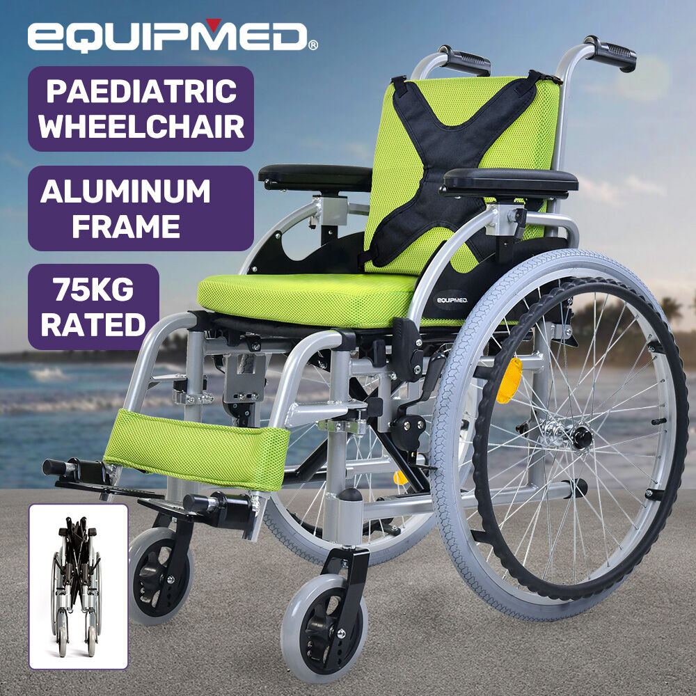 Green Equipmed Kids Premium Paediatric Wheelchair with lightweight aluminum frame and 22-inch wheels for children up to 75kg.