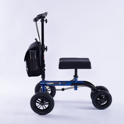 Blue EQUIPMED Knee Scooter Walker with 10-inch tires, dual brakes, and storage bag for broken leg or ankle mobility aid.
